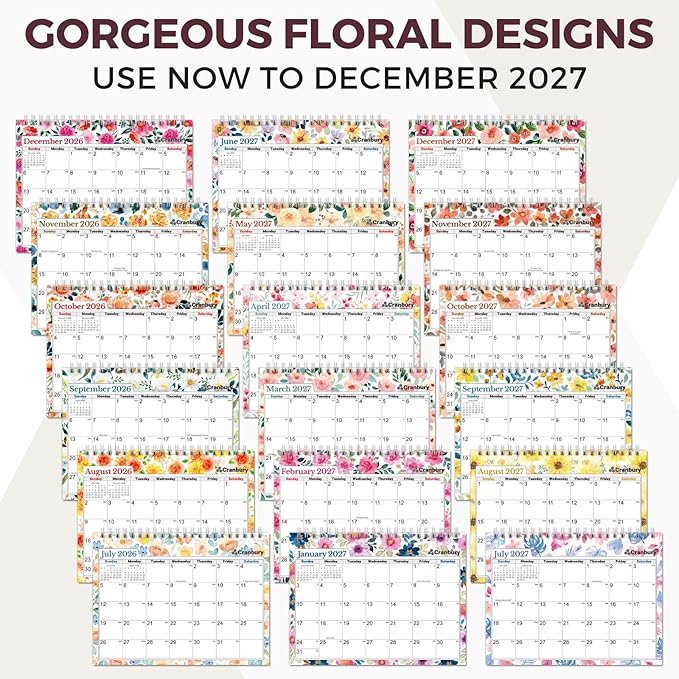 CRANBURY Small Desk Calendar 2026-2027 Standing Flip, July 2026 to Dec 2027, 8x6 Desktop Calendar with Stickers, 18 Months Desk Planner for School & Office, Spiral Bound, Floral Design