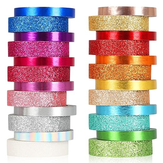 Metallic Glitter Washi Tape - 24 Rolls Thin Colored Masking Tape Set, 6mm/10mm Decorative Tapes for Bullet Journal, Scrapbook, Christmas DIY Crafts, Gift Packaging