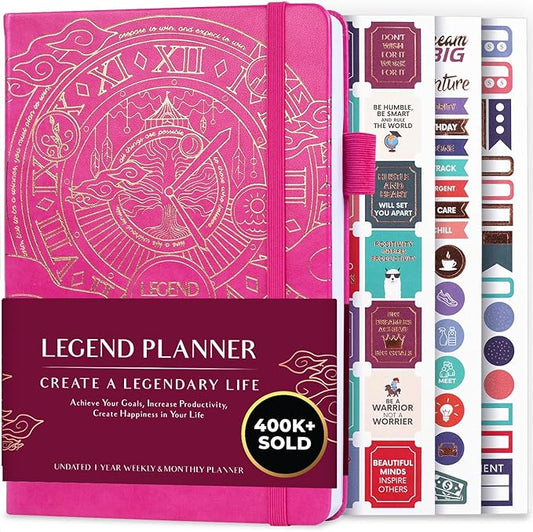 Legend Undated Weekly Planner – Goal Planner Journal & Organizer Notebook – Agenda Book with Monthly Calendar & To-Do List, A5 (Hot Pink, Gold)