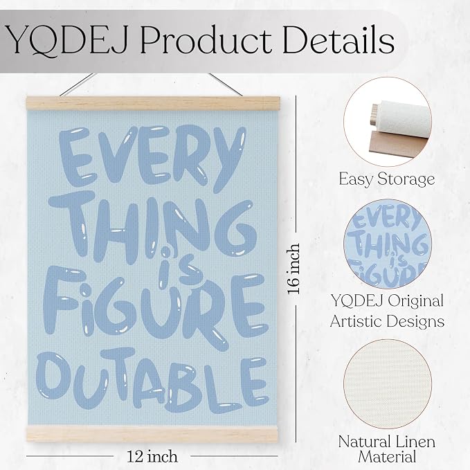 YQDEJ Everything Is Figureoutable Inspirational Wall Art Poster Hanger Frame, Blue Positive Affirmations Wall Decor, Blue Motivational Wall Art for Home Office Classroom, 12x16 Inch