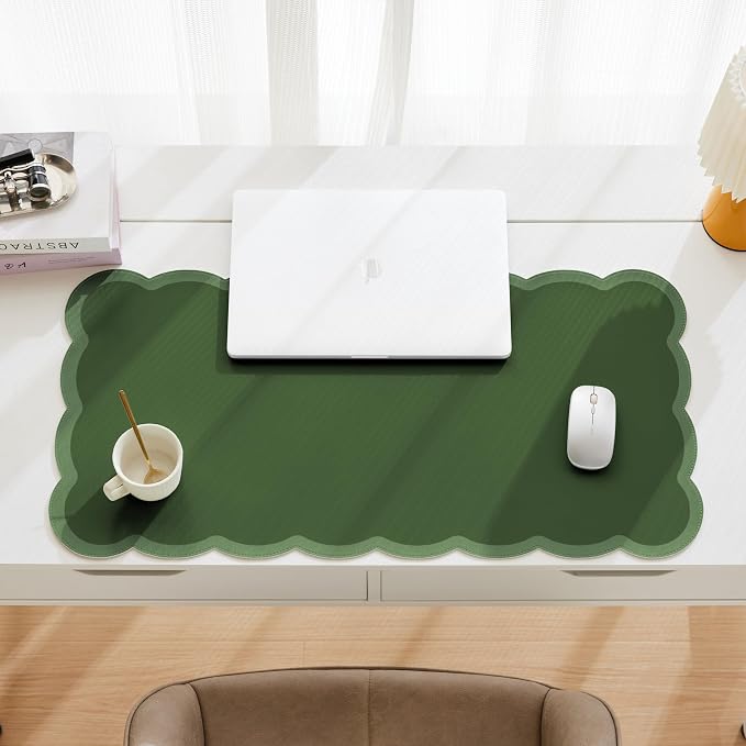 Scalloped Desk Mat, 31.5" x 15.7" Dark Forest Green Large Cute Aesthetic Desk Accessories, PU Leather Computer Laptop Desk Mouse Keyboard Pad, Desk Writing Mat for Vanity/Work/Home Decor