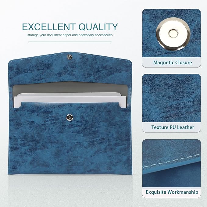 FYY File Folder - PU Leather A4 Document Holder File Organizer Filing Envelope Portfolio Case Tablet Sleeve with Magnetic Snap Closure for Home School Office Stationery Navy
