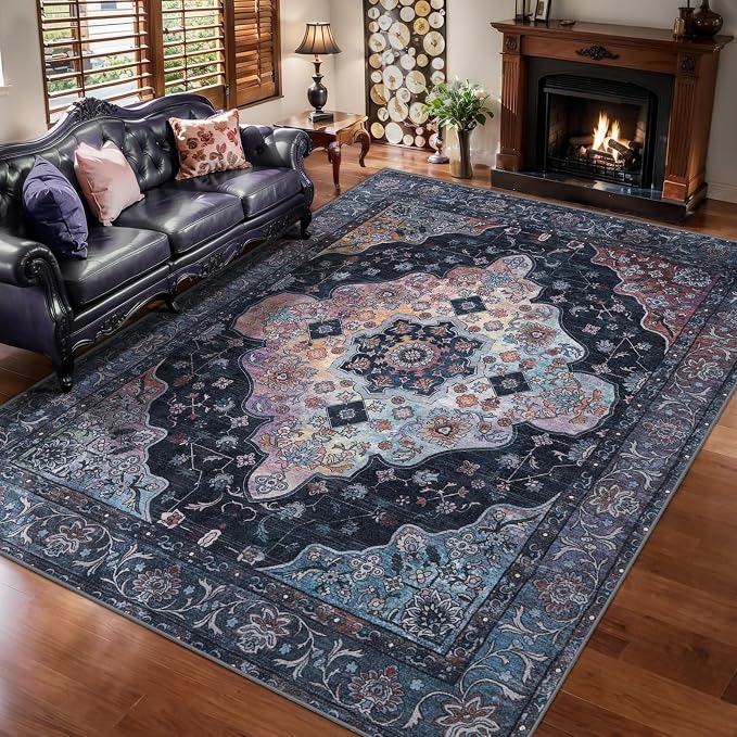 Tangsoo 5x7 Area Rug Washable Rug for Living Room, Vintage Indoor Non Slip Large Area Rugs, Print Distressed Navy/Multi Carpet, Soft Low Pile Rug Foldable for Bedroom Dining Room Dorm