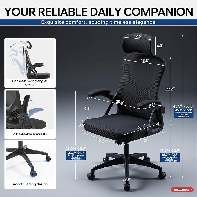 Ergonomic Office Chair–Mesh Computer Chair with Adjustable Lumbar Support, 2D Headrest, Foldable Armrests & Class 3 Gas Lift–Comfortable Home Office Desk Chair for Long Sitting, 400 lbsBlack