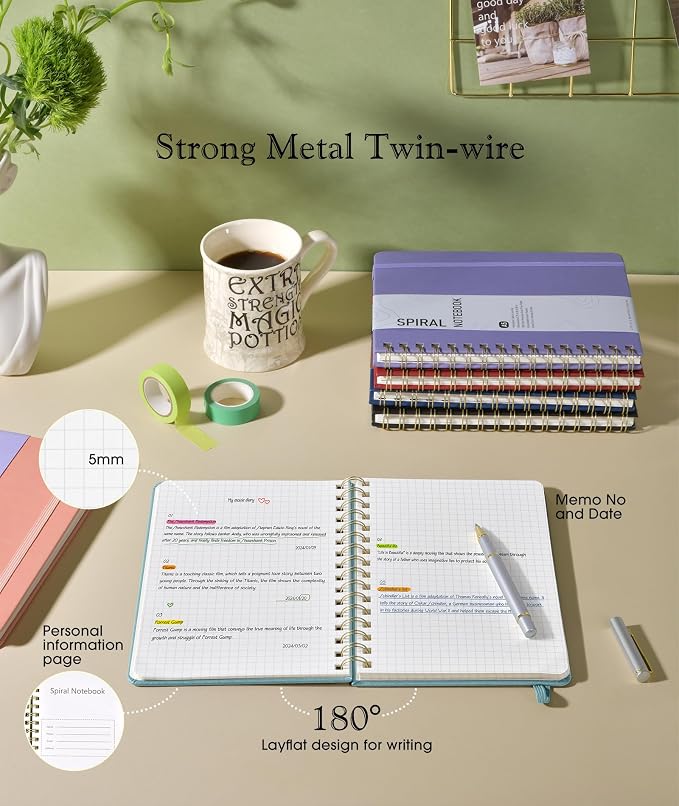 Graph Spiral Journal Notebook, A5 Hardcover Spiral Journals for Women Men, 100 GSM Graph Paper Notebooks, 150 Pages Spiral Bound Grid Notebook for Writing Note Taking Work 5.75" x 8.38", Misty Blue