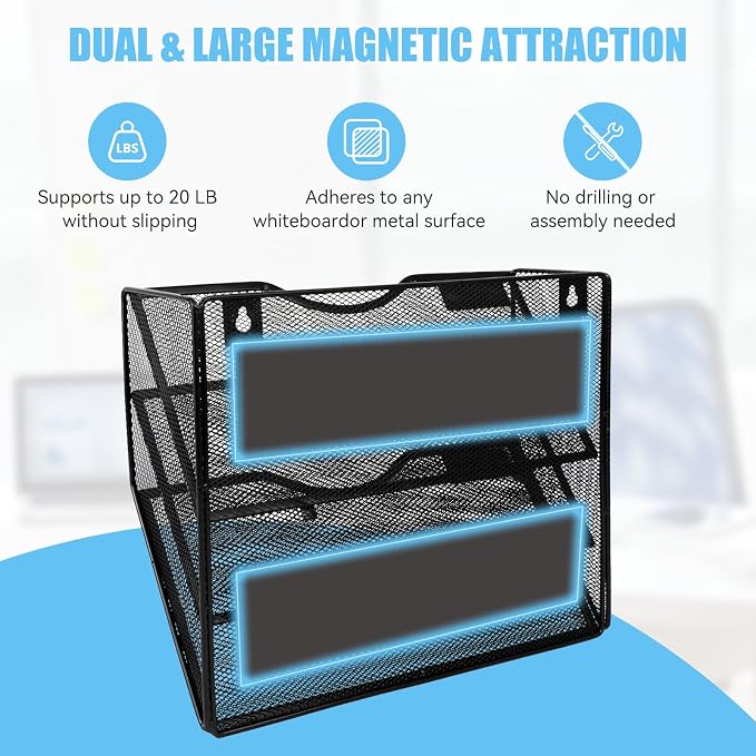 Magnetic File Holder,No Assembly Required & No Drilling,Hanging Magnetic File Organizer,Magnetic Mail Paper Folder Holder for Refrigerator,Whiteboard,File Cabinets (3-Tier)
