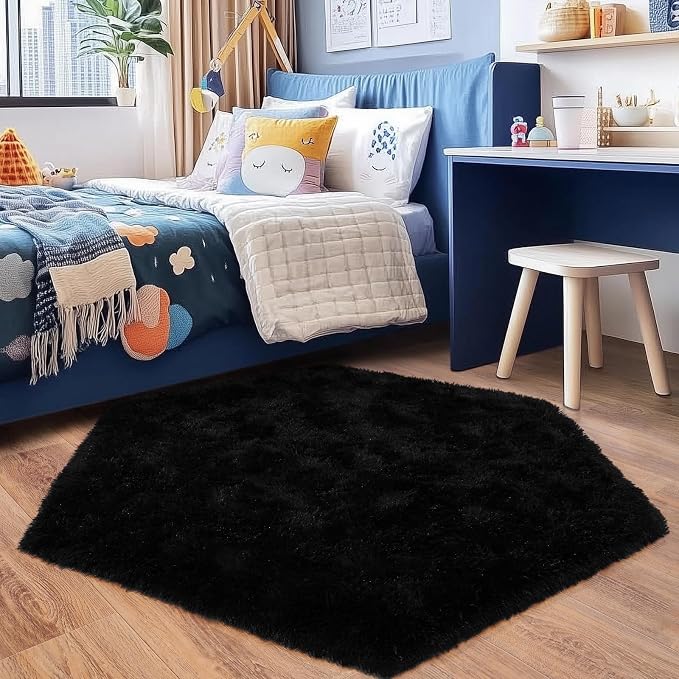 4x4.6 Feet Black Hexagon Rugs for Bedroom, Ultra Soft Fluffy Hexagon Area Rug for Kids Room, Cute Shag Rugs for Boys Girls Room, Fuzzy Plush Carpet for Tent Castle Home Decor