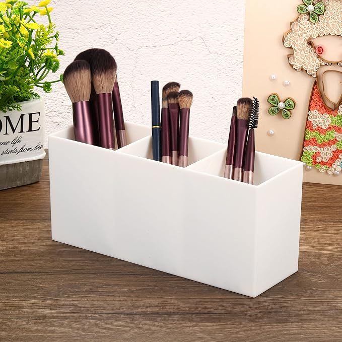 PATIKIL 3 Compartments Clear Acrylic Pen Holder, Pencil Holder Pen Organizer Pencil Cup Makeup Brush Holder Square for Countertop Desk, White