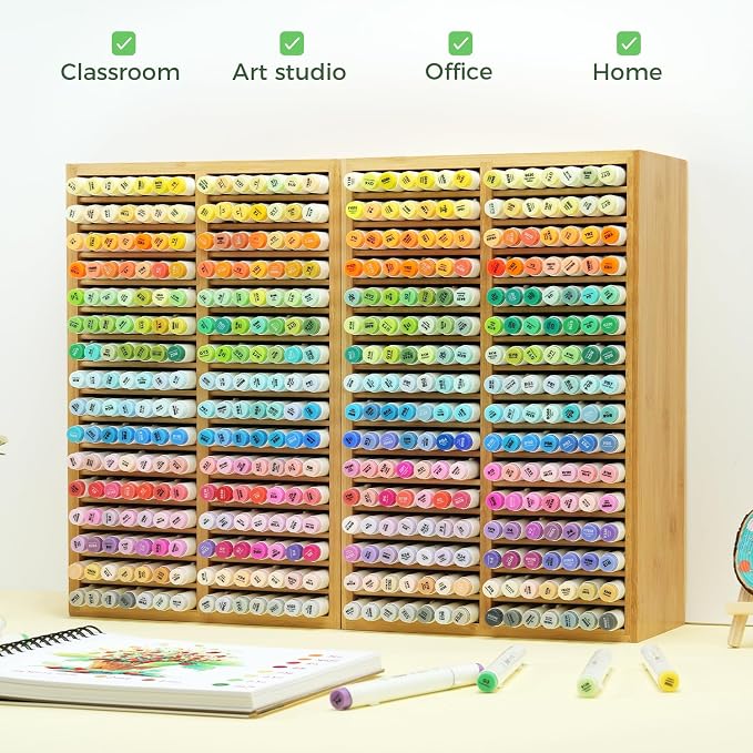 Ohuhu Bamboo Marker Organizer, Desktop Storage Hold 224 Markers for Honolulu Oahu Series of Ohuhu Markers, Pens Pencils Stationary Organizer Holder with 32 Compartments for Classroom Office Decor