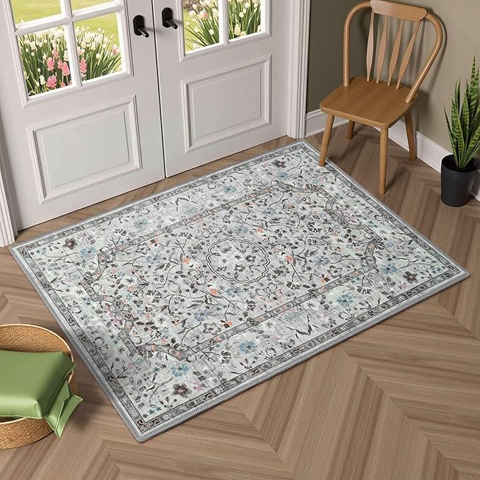 Vasofe 2x3 Area Rug for Bedroom, Small Rugs for Entryway, Kitchen, Bathroom, Non-Slip Washable Carpet Soft Low Pile Vintage Floral Grey Mat Front Door Mats for Indoor Entrance
