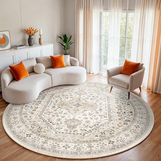 Puino 6FT Round Area Rugs for Living Room: Circle Rugs Machine Washable Oriental Low Pile Soft Non Slip Backing Vintage Indoor Rug for Bedroom Nursery Dining Room Home Office Beige/Gray