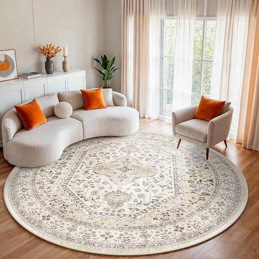 Puino 6FT Round Area Rugs for Living Room: Circle Rugs Machine Washable Oriental Low Pile Soft Non Slip Backing Vintage Indoor Rug for Bedroom Nursery Dining Room Home Office Beige/Gray