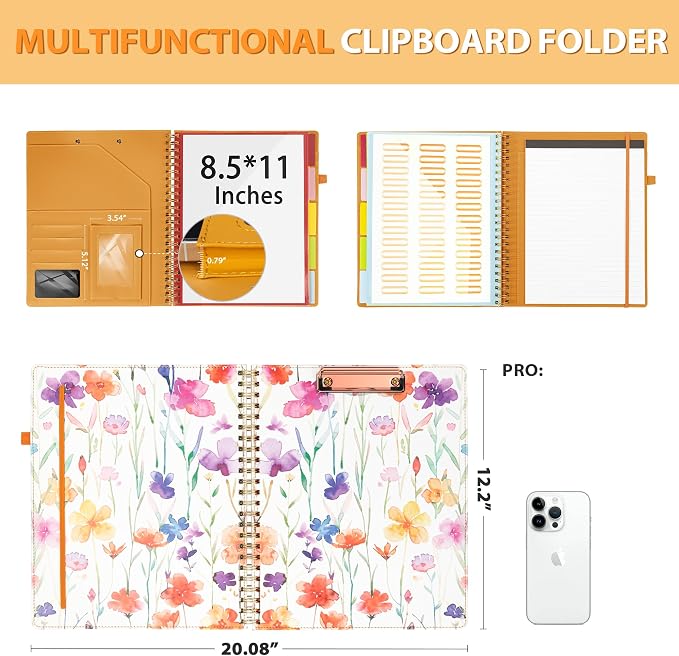 Ospelelf Clipboard with Storage for Women, Leather Padfolio Portfolio Organizer 5 Folders with 10 Pockets, Spiral Clipboard Folio with Notepad for Letter Size, Elastic Closure and Pen Loop Flowers