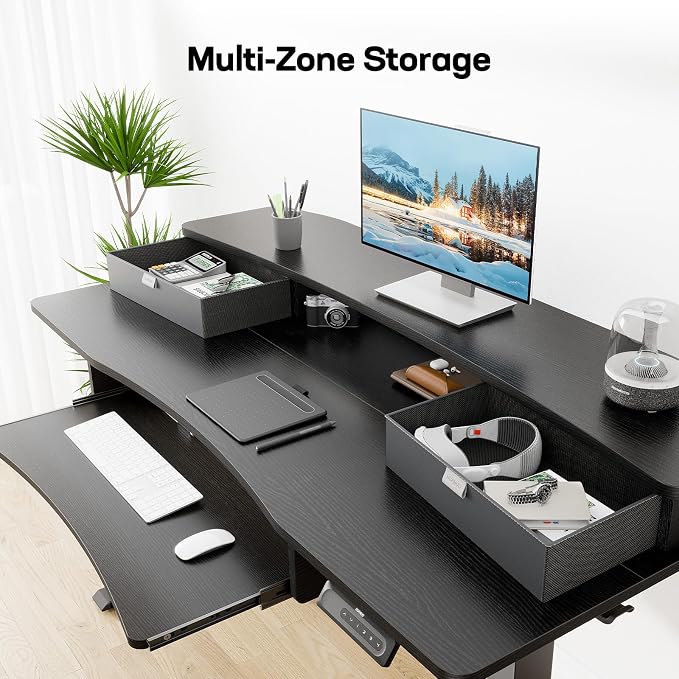 HUANUO 55" x 26" Electric Standing Desk, 2 Drawers & Keyboard Tray, Black | Ergonomic Desk with 2 Drawers: 27.9"-46.8" electric lifting. 26.7" keyboard tray & C-clamp mount top maximize workspace