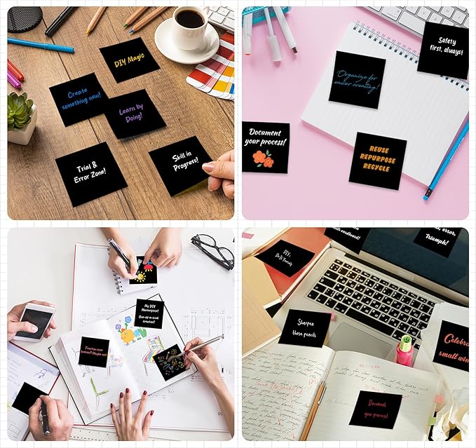 600 Sheets Black Sticky Notes 3x3 inch, 6 Pads Super Self-Stick Notes, 100 Sheets/Pad,Aesthetic Sticky Pads for Office, School, Home,Hospital Supplies Colored Gel Pens, Notepad