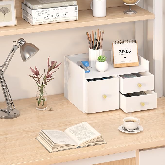 Bamboo Desk Organizer - Stackable, No Assembly Required, Ideal for Office/Home Use - Perfect for Toiletries, Stationery, Accessories. (White, Square drawer to the left of the fence)
