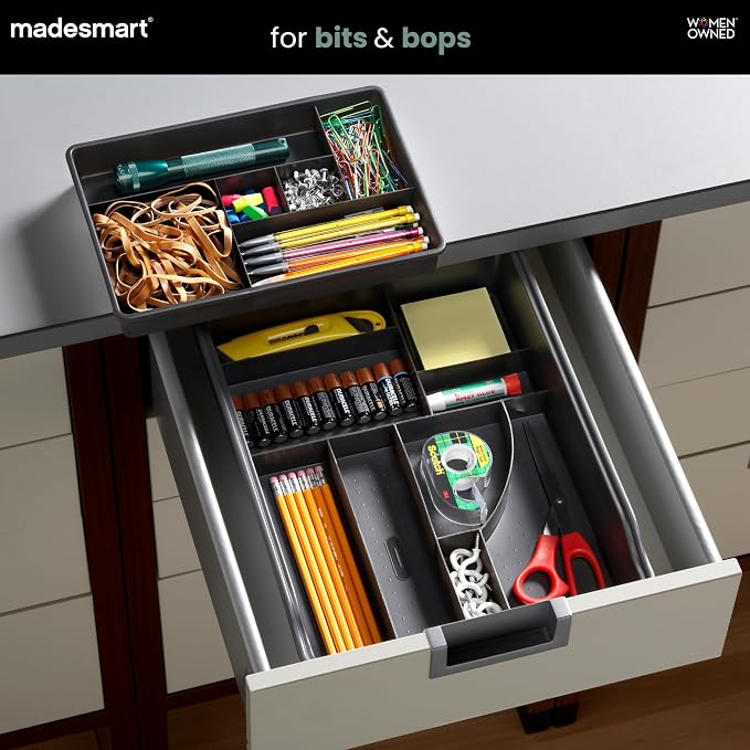 madesmart Classic Junk Drawer Organizer, Carbon | rounded corners, sliding top tray, removable upper level, 13 compartments, cords pens keys, woman owned