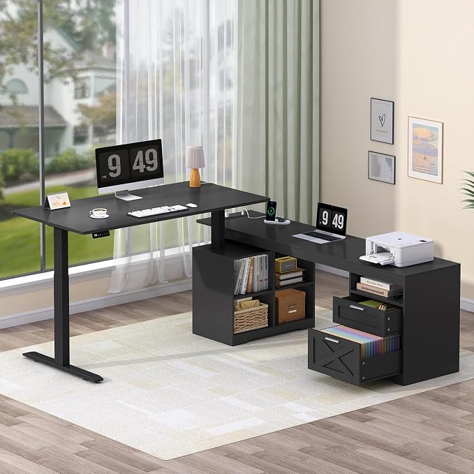 66 inch Farmhouse L Shaped Standing Desk with Storage for Home Office | Corner Electric Standing Desk with Drawers ＆ Storage Shelves, Height Adjustable Computer Desk with Power Outlets, Black