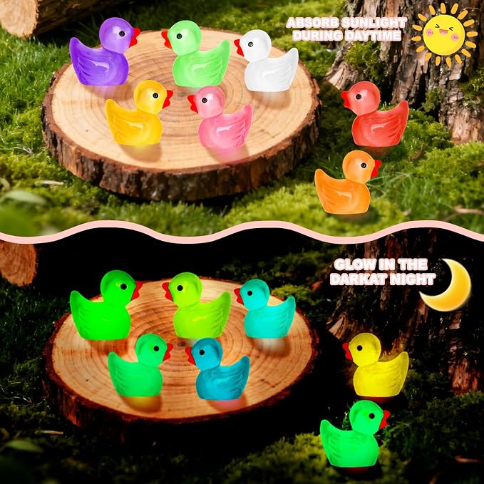 280PCS 18 Colors Luminous Mini Resin Ducks Glow in The Dark Tiny Ducks Figures to Hide Bulk Plastic Duck Miniature for Dollhouse Micro Landscape Aquarium Potted Cake Decor DIY Craft Gifts Party Favors