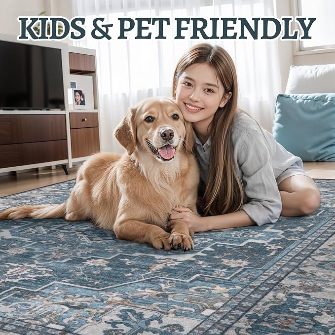 Tangsoo Vintage 5x7 Area Rug Washable Rugs for Living Room, Oriental Indoor Non Slip Large Area Rugs, Farmhouse Print Carpet, Soft Low Pile Foldable Floor Rug for Bedroom Dining Room Blue Gray