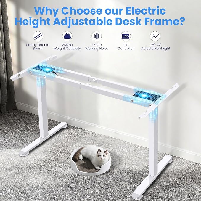 Dual Motor Electric Standing Desk Frame,Compatible Desktop Size 48″-78″ and 264 lbs Weight Capacity,Memory Controller Height Adjustable Frame,White Frame Only