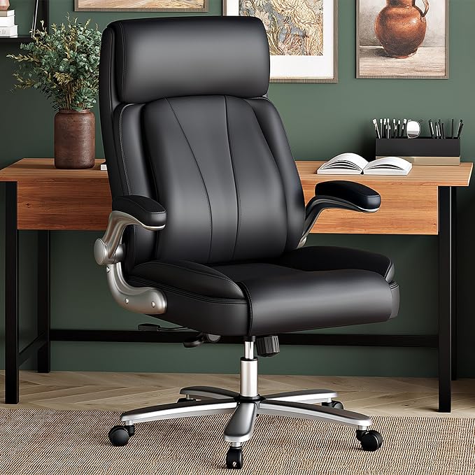 Executive Office Chair, Ergonomic Desk Chair, 500lbs Heavy Duty Comfy Computer Chair with Adjustable Lumbar Support, Flip-up Arms, Wide Thick Seat, High Back Office Chair for Back Pain