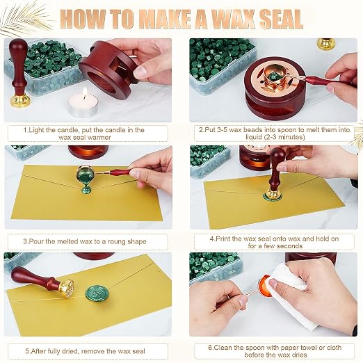 Green Wax Seal Kit, 357pcs with Wax Beads, Stamp, Warmer, Spoon, Candles, for Envelopes, Letters, Crafts