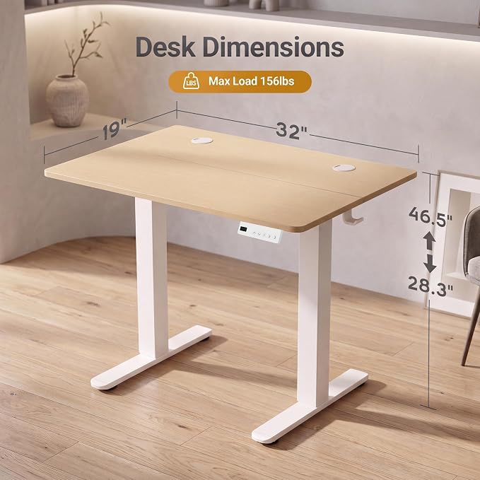 Claiks Electric Small Standing Desk, 32x19 Inch, Nature | Adjustable height for sit-stand, 156lbs capacity, scratch-resistant surface, 3 memory presets, cable management & hook.