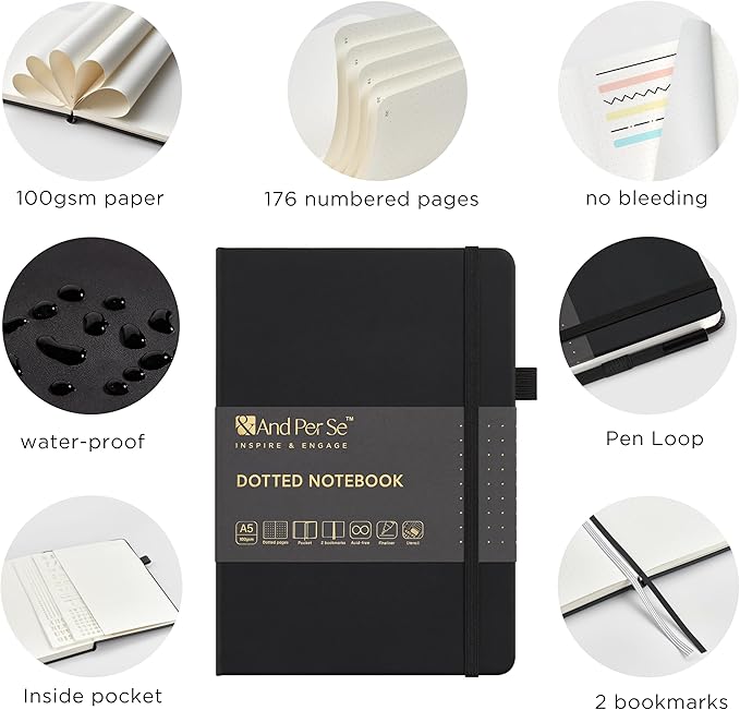 &And Per Se 3 Pack A5 Dotted Notebook Set - Each with 176 Numbered Pages, 100GSM Thick Paper, Stencil & Pen Included | Hardcover Dotted Journal for Bulk Use, Students, Teachers, Gift Giving (Black)