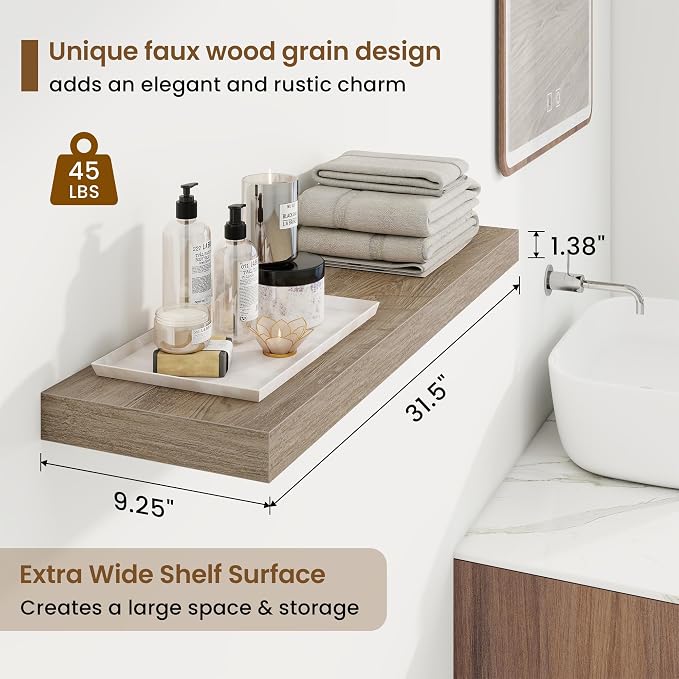 32in Floating Shelves for Wall, 32"W x 9.25"D x 1.25"H, 2 Pack Long Wall Mounted Engineered Wood Shelves with Invisible Brackets for Living Room, Bedroom, Bathroom, Kitchen Decor and Storage, Grey