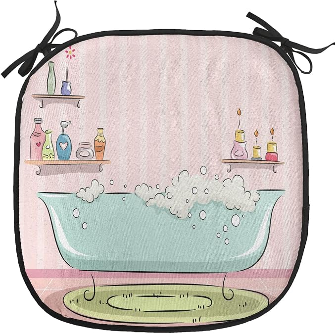 Lunarable Feminine Chair Cushion Pads Set of 6, Illustration of a Bathtub with Bubbles in Girly Room Aroma Oil Aromatherapy, Anti-Slip Seat Padding for Kitchen & Patio, 16"x16", Pink and Blue