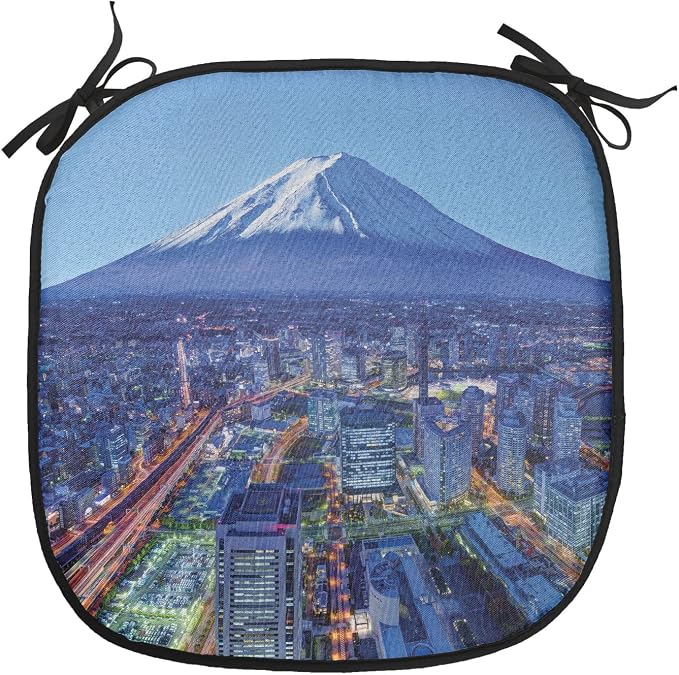 Lunarable Scenery Chair Cushion Pads Set of 6, Skyline of Mt. Hill and Yokohama Japan Financial District Mountain Volcano Landscape, Anti-Slip Seat Padding for Kitchen & Patio, 16"x16", Blue