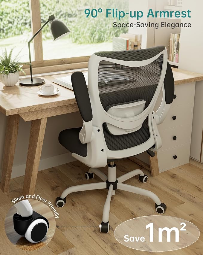 MUXX.STIL Office Chair, Ergonomic Desk Chair with Adjustable Lumbar Support and Flip up Armrest, Breathable Mesh Computer Chair for Home Office, White