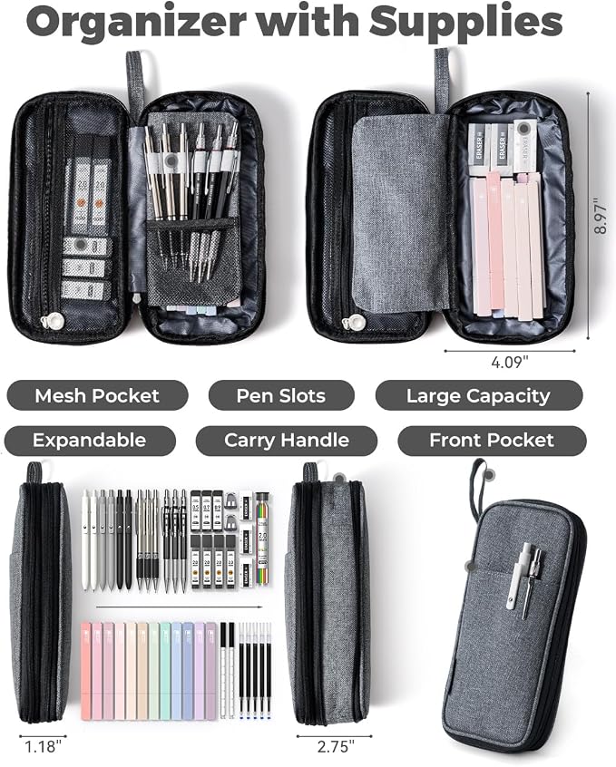 Four Candies 45 PCS Stationery Set with Pen Case, College Supplies and Nursing Student Essentials, 12 Pastel Highlighters, 6 Black Gel Pens, 6 Mechanical Pencils, Black