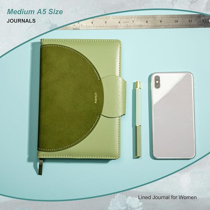CAGIE Lined Journal for Women, 100GSM Leather Journals for Writing with Buckle Closure,A5 Hardcover Diary Journaling Notebooks for Business Work School Note Taking 5.9" x8.5 (Green)