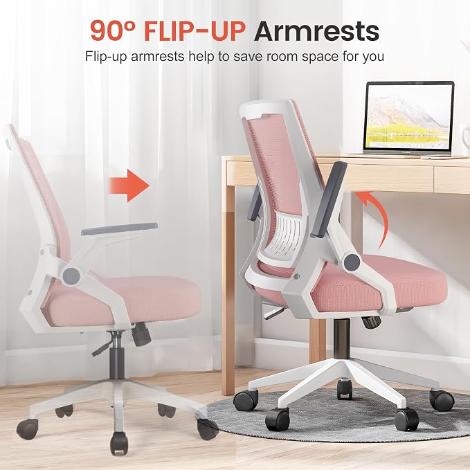 COMHOMA Office Chair with Flip-up Armrests Ergonomic Computer Desk Chair with Adaptive Lumbar Support & Breathable Mesh, Pink