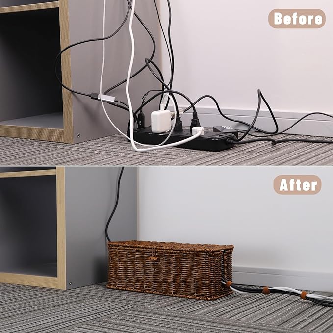 BROWNLILY Cable Management Box, Rattan Style Cord Organizer for Desk Cord Hider Outlet Covers for Power Strip TV PC Router Charger Under Desk Storage with Lockable Lid and Cable Ties