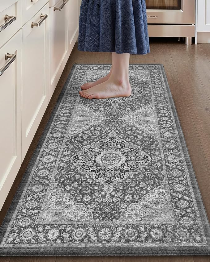 Color&Geometry Kitchen Floor Mat 24x59 Faded Vintage Anti Fatigue, Grey | 0.4in Cushion Standing Mat For Cooking/Working/Laundry, Boho Decor, Non Slip PVC Kitchen Rug, Oil/Water Proof, Anti Slip