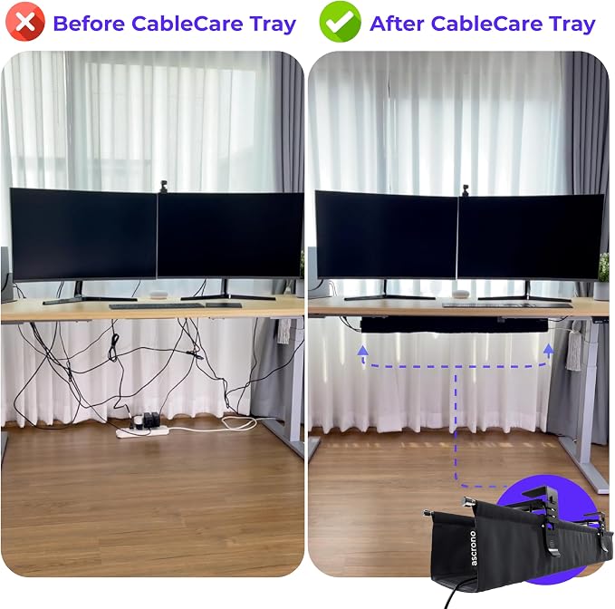 Original No Drill Under Desk Cable Management Tray 27.3" - Premium White Fabric Cable Management Under Desk - Clamp/Screw Mount Cord Organizer - Supports Upto 66lbs