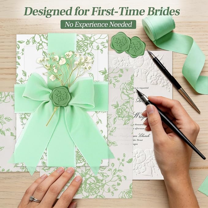 Wedding Invitation Accessories Kit, Pre-Folded Vellum Jackets for 5×7 Invitations with Wax Seal Stickers, Ribbon & Dried Flowers, Elegant Wedding Invitation Accessories for DIY Bridal Invites (Green-Rose, 50)