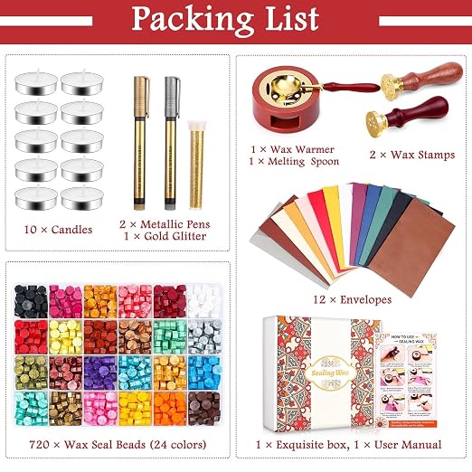 Paxcoo Sealing Wax Kit with Wax Seal Beads, Stamp, Warmer, Spoon, Envelopes for Letter Sealing
