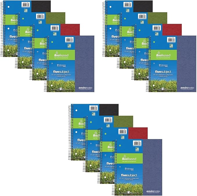 Roaring Spring Environotes Recycled Spiral Notebook, 5 Subject, 12 Pack, 11" x 9", 160 Perforated Sheets, 20 lb Bio-Based Paper, College Ruled w/ Margin, Assorted Earthtone Covers, Double Pocket, 4 Dividers, Made in USA