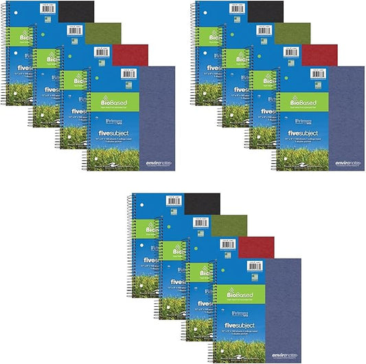 Roaring Spring Environotes Recycled Spiral Notebook, 5 Subject, 12 Pack, 11" x 9", 160 Perforated Sheets, 20 lb Bio-Based Paper, College Ruled w/ Margin, Assorted Earthtone Covers, Double Pocket, 4 Dividers, Made in USA
