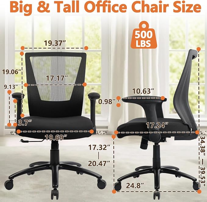 CLATINA 500lbs Big and Tall Office Chair Heavy Duty Ergonomic Mesh Desk Chairs with Wide Thick Seat Cushion and Adjustable Armrests for Home Office Conference Heavy People, Black(1 Pack)
