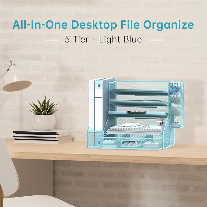 Desk Organizer with 5 Tier File Holder and Sliding Drawer Pen Holder Black | Paper Letter Tray with 3 Tilted File Sorters to Keep Desk Accessories and Office Supplies within Reach