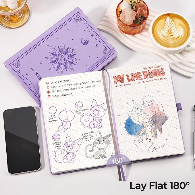 EMSHOI A5 Dotted Notebook Journal, 320 Pages 100gsm Thick Dotted Paper, Hardcover Leather Journal with Pen Holder & Inner Pocket, Dot Grid Notebook for Journaling, 5.75"x8.38", Light Purple