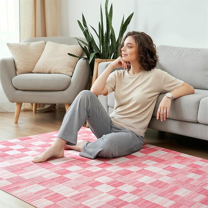 Terrug Pink Runner Rugs for Kitchen, 2x6 Checkered Area Rug Washable with Non Slip for Bedroom, Soft Low Pile Stain Resistance Carpet for Entryway Hallway