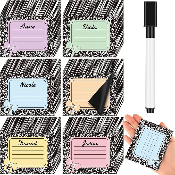 48 Pcs Pastel Composition Dry Erase Magnetic Labels with a Pen Colorful Bow Student Name Tags Magnetic Locker Name Plates Stickers for Classroom Desks School Whiteboards