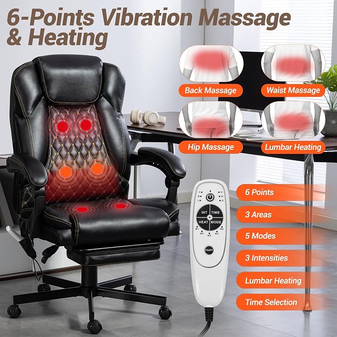 Heated Massage Executive Office Desk Chair with Footrest - Black | 6 Points Vibration Massage System, 5 Massage Modes, 3 Target Areas (Back,Lumbar,Seat), Reclining 90°-135°
