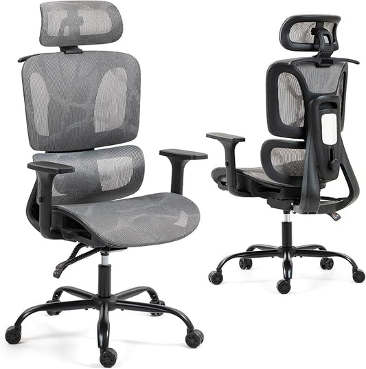 ECOTOUGE Grey Ergonomic High Back Mesh Office Chair | Lumbar Support, Adjustable Headrest, 3D Armrests, Reclining, Home/Office/Gaming, 330LBS